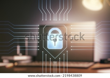 Double exposure of creative lock hologram with chip on laptop background. Information security concept