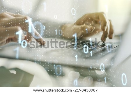 Creative abstract binary code sketch and hands typing on computer keyboard on background, hacking and matrix concept. Multiexposure
