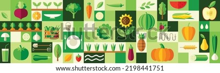 Set of vegetables illustrations. Abstract seamless pattern with icons of carrot, pumpkin, pineapple, corn and orange. Farming and healthy food. Design elements for site. Cartoon flat vector collection