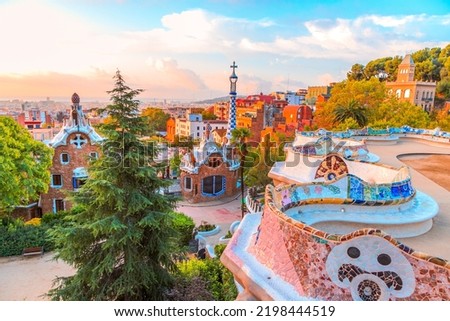 Picture of Park Guell of Barcelona captured during golden hour, designed by the famous architect Antoní Gaudí. UNESCO World Heritage since 1984. Royalty-Free Stock Photo #2198444519