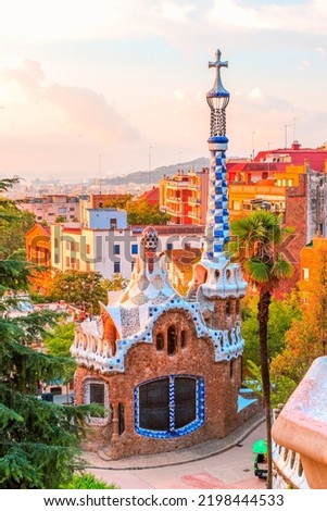 Picture of Park Guell of Barcelona captured during golden hour, designed by the famous architect Antoní Gaudí. UNESCO World Heritage since 1984. Royalty-Free Stock Photo #2198444533
