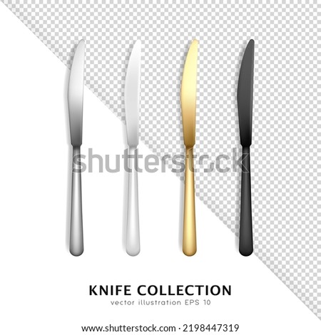 Collection of four realistic stainless steel and plastic cutlery. Top view of three dimensional silver, white, golden and black knives isolated on transparent background. Flatware template, mock up