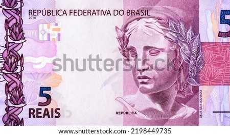 Symbolic effigy of the Republic, interpreted in the form of sculpture. Portrait from Brazil 5 Reais 2013 Banknotes. Royalty-Free Stock Photo #2198449735