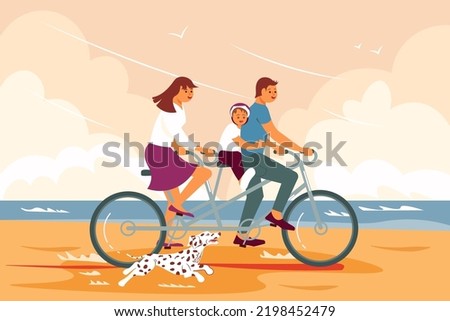 Happy family on tandem bicycle have a bike ride on the sea shore. Flat Art Vector Illustration