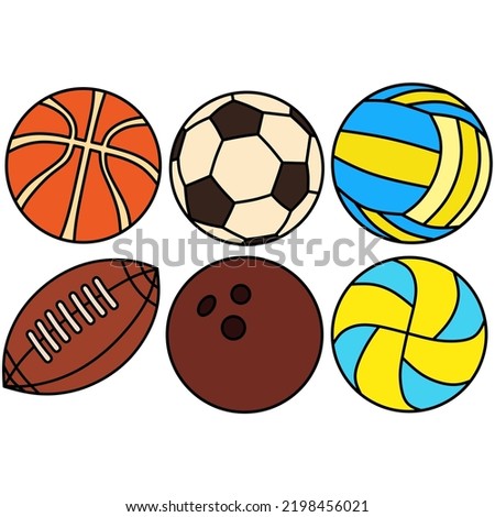 vector image of six types of balls for different sports.