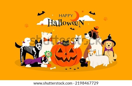 Happy Halloween pet greeting card Vector illustration. Adorable dogs in Halloween costumes with big pumpkin	
