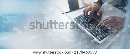 Data science, business analytics and business intelligence concept. Businessman working on laptop with big data, financial graph growth chart on virtual screen, digital technology, market research Royalty-Free Stock Photo #2198469599