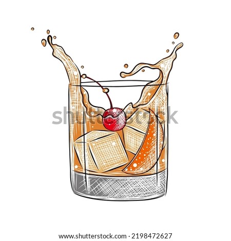 Vector engraved style Old Fashioned alcoholic cocktail illustration for posters, decoration, menu and print. Hand drawn sketch of drink or beverage. Detailed drawing isolated on white background. Royalty-Free Stock Photo #2198472627