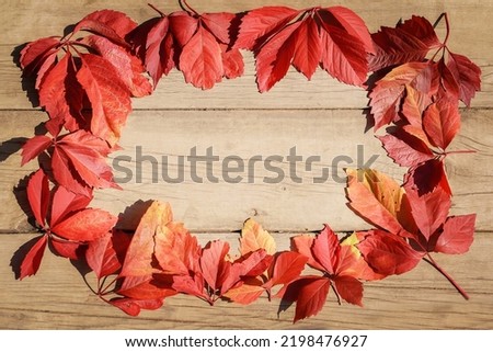Frame of red leaves on a wooden base for congratulations