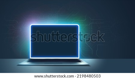 A portable neon computer with a blank screen and a desk in a dark room with blue lighting. Technological background with a laptop. Vector illustration Royalty-Free Stock Photo #2198480503