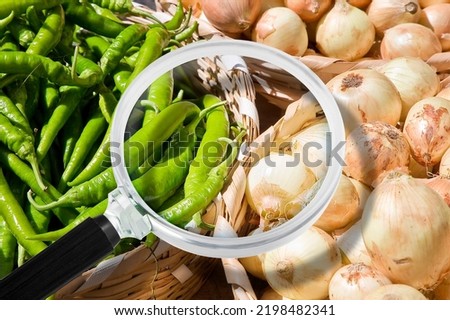 HACCP - Hazard Analysis and Critical Control Points - Food Safety and Quality Control in food industry - concept with golden onions and green pepper from organic agriculture exhibited in a marke Royalty-Free Stock Photo #2198482341