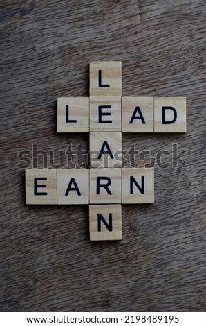 Lead learn earn text on wooden square, business quotes