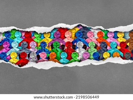 Discovering Diverse Culture and social justice inclusion as a group of people from different cultures under torn paper as a symbol for a united society or workplace unity. Royalty-Free Stock Photo #2198506449