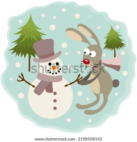 Cute winter illustration with rabbit and snowman
