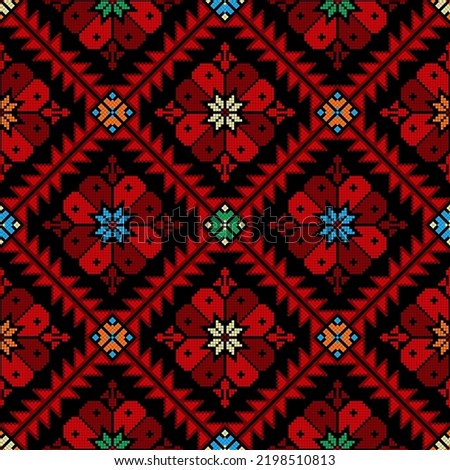 Decorative Palestinian seamless pattern in colors, traditional Tatreez embroidery, vector illustration. Royalty-Free Stock Photo #2198510813