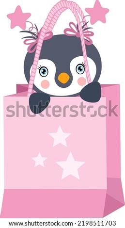 Cute baby girl penguin in pink shopping bag