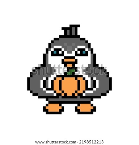 Penguin holiding a pumpkin, cute pixel art animal character isolated on white background. Old school retro 80s, 90s 8 bit slot machine, computer, video game graphics. Cartoon Halloween mascot.
