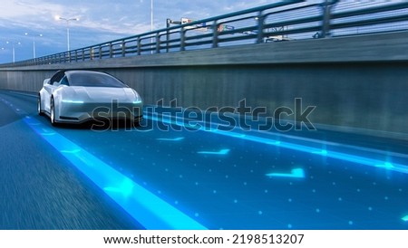 Autonomous Self-Driving 3D Car Moving Through City Highway. VFX Visualization Concept: AI Sensor Scanning Road Ahead for Vehicles, Danger, Speed Limits. Day Urban Driveway. Front Following View Royalty-Free Stock Photo #2198513207