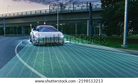 Autonomous Self-Driving 3D Car Moving Through City Highway. Visualization Concept: Sensor Scanning Road Ahead for Vehicles, Danger, Speed Limits. Day Urban Driveway. Front Following View Royalty-Free Stock Photo #2198513213