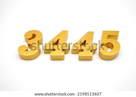   Number 3445 is made of gold-painted teak, 1 centimeter thick, placed on a white background to visualize it in 3D.                               
