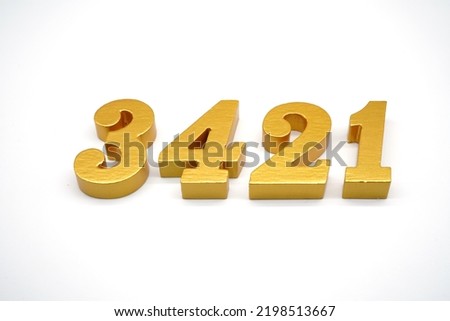     Number 3421 is made of gold-painted teak, 1 centimeter thick, placed on a white background to visualize it in 3D.                              