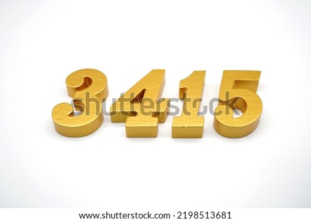   Number 3415 is made of gold-painted teak, 1 centimeter thick, placed on a white background to visualize it in 3D.                               