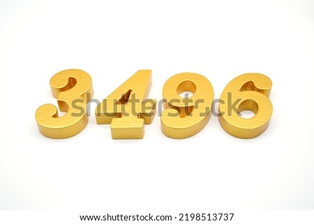  Number 3496 is made of gold-painted teak, 1 centimeter thick, placed on a white background to visualize it in 3D.                                   