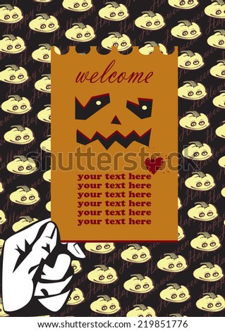 Ticket for Halloween party. Picture contains the images of hand, invitation for Halloween party and pumpkins on black background.