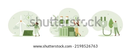 Sustainability illustration set. Sustainable clean industrial factory, renewable energy sources and green electricity. Environmental, Social, and Corporate Governance concept. Vector illustration. Royalty-Free Stock Photo #2198526763