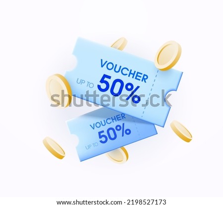 Voucher card cash back template design with coupon code promotion. Premium special price offers sale coupon. Vector gift voucher, gold coin. 3d coupon, 3d voucher, exchange. Royalty-Free Stock Photo #2198527173