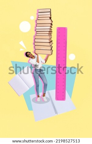 Vertical collage portrait of amazed small person arms hold huge pile stack book ruler measure height isolated on creative background