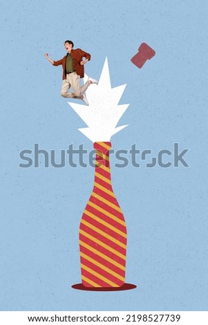 Vertical collage picture of overjoyed excited guy flying champagne cork popping isolated on painted background