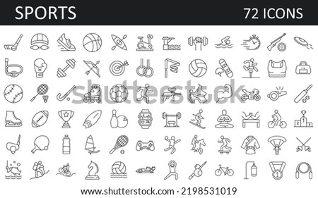 Sports, fitness, recreation - set of 72 thin line vector icon. Editable stroke symbol.