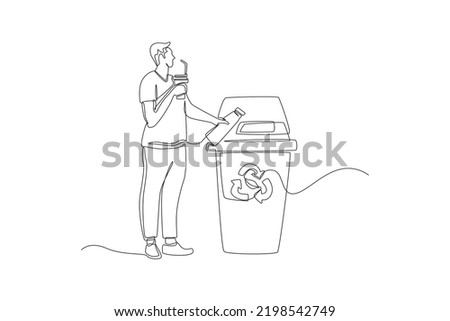 Single one line drawing man throw bottle garbage into recycle rubbish. Zero waste concept. Continuous line draw design graphic vector illustration.