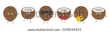 Set coconut character cartoon greeting jumping loves sings running cute funny smiling face happy joy emotions icon vector illustration. Royalty-Free Stock Photo #2198544421