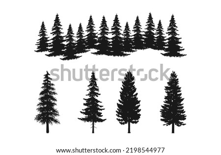 forest silhouettes of pine tree collection set, isolated on white background
