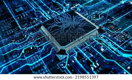 Advanced Technology Concept Visualization: Circuit Board CPU Processor Microchip Starting Artificial Intelligence Digitalization of Neural Networking and Cloud Computing. Digital Lines Move Data Royalty-Free Stock Photo #2198551397