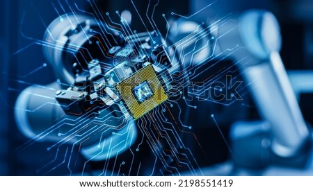 Futuristic Edit Concept: Modern Authentic Robot Arm Holding Contemporary Super Computer Processor Smoothly Moving into Focus. CPU Microchip Digitilizes and Sends Data Power Lines with AI Symbol. Royalty-Free Stock Photo #2198551419