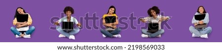 Smiling young international females sitting, hugging laptop with blank screen, isolated on purple background, collage, panorama. Modern technology, great ad and offer, social media chat and blog