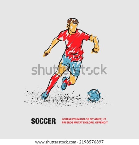Soccer player dribbling with the ball. Vector outline of soccer player with scribble doodles style drawing. Royalty-Free Stock Photo #2198576897