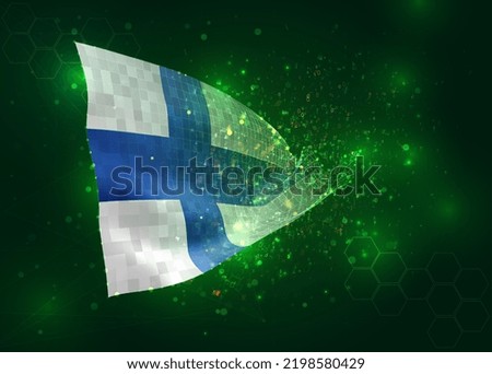 Finland, on vector 3d flag on green background with polygons and data numbers