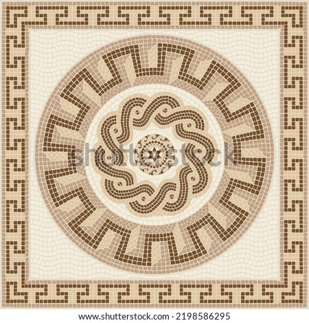 Mosaic tile with circular ornaments in brown and beige. For ceramics, tiles, ornaments, backgrounds and other projects. Royalty-Free Stock Photo #2198586295