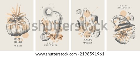 Halloween. Pumpkin. Gravestone. Ghost. Witch hat. Set of vector hand drawn illustrations. Tattoos, engraving style. Royalty-Free Stock Photo #2198591961
