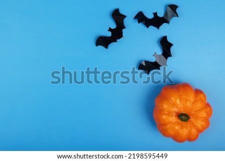 halloween background, orange pumpkins and bats, autumn decoration, holiday evening of all saints