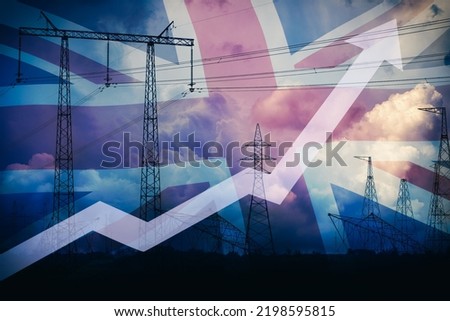 Rising up arrow against UK flag and power line silhouette and stormy sky. Electricity price growth. Energy crisis in UK. Growing electricity consumption. Power generation shortage. Huge power cost Royalty-Free Stock Photo #2198595815