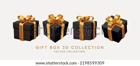 2023 3d Realistic Black Gift Boxes with Gold Ribbon Gift Bow Set. Christmas Decoration Vector illustration EPS10