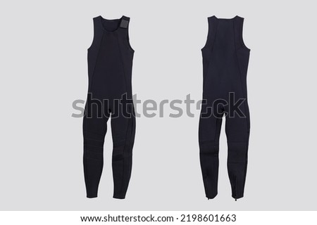 Male black long diving wetsuit for underwater swimming isolated on white background