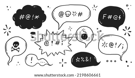 Swear word speech bubble set. Curse, rude, swear word for angry, bad, negative expression. Hand drawn doodle sketch style. Vector illustration