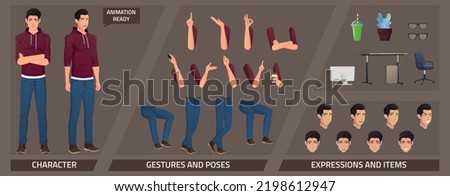 Stylized Characters Set for Animation with Caucasian Man Wearing Hoodie and Some Body Parts and Furnitures Royalty-Free Stock Photo #2198612947