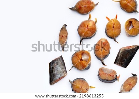 Catfish cut pieces on white background.